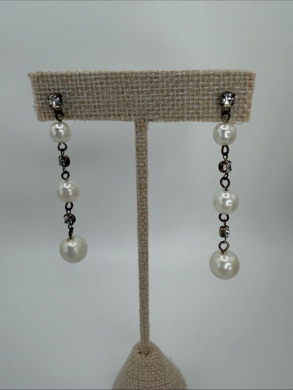 Classic White Pearl Drop Earrings with Rhinestone Chain